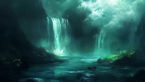 Emerald waterfalls cascade into misty hidden lagoon
