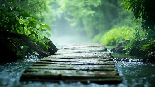 Gentle wooden path leads through a misty green forest stream