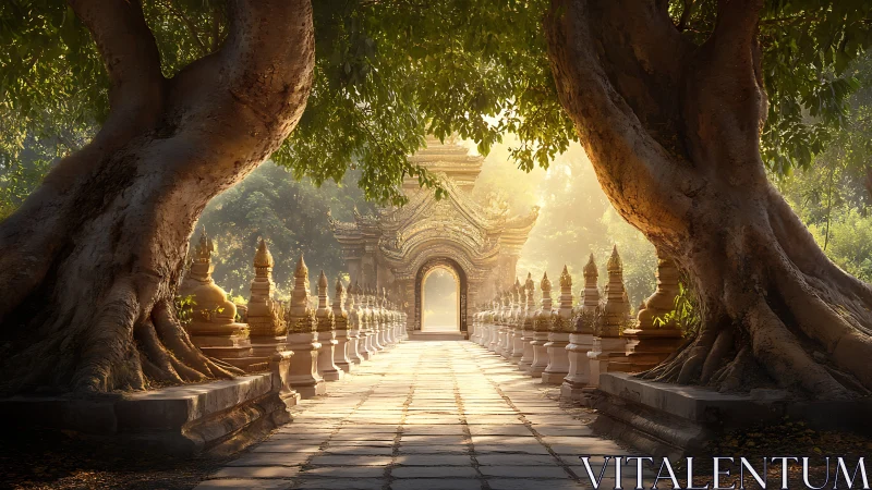 Sunlit temple gate between ancient trees at dawn.