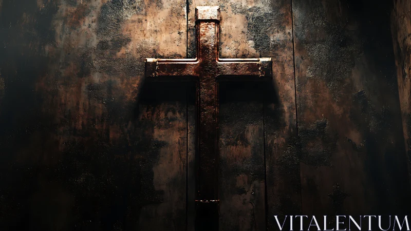 Rusted metal cross casts deep shadow on distressed wall