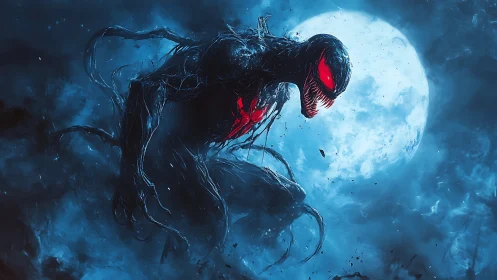Lunar nightmare symbiote coils against an electric blue moon.