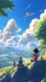 Trio of friends watching distant flyer over sunlit valley.