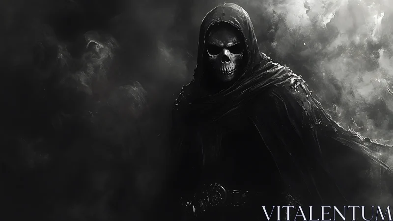 Grim reaper figure rendered in high-contrast monochrome chiaroscuro