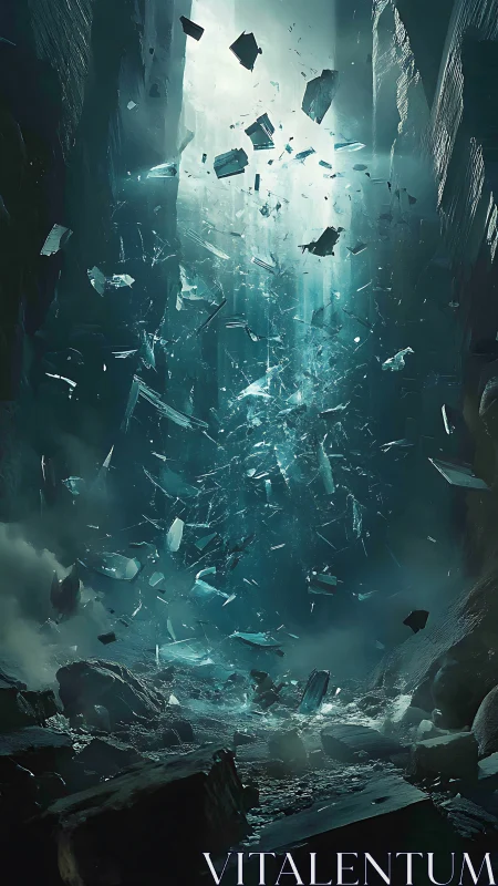 Vertical chasm shattering with suspended crystalline debris poised.