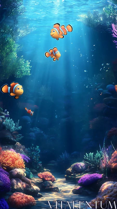 Playful clownfish family gliding through a glowing reef.