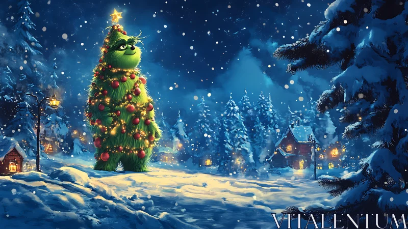 Grinch-like tree creature under glowing snowy Christmas sky.