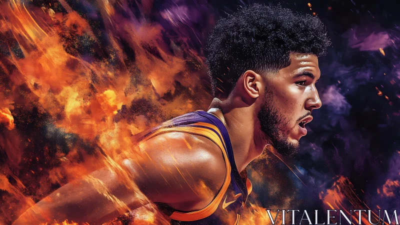 Basketball player portrait surrounded by vivid fiery motion