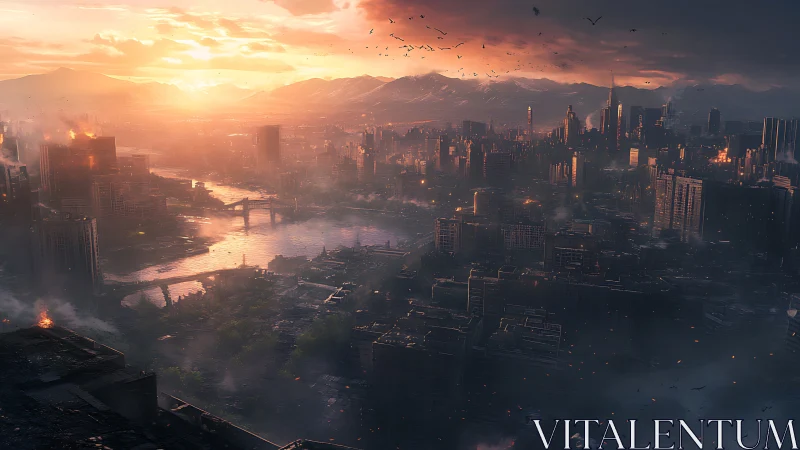 Sunset glow over a smoky, resilient riverside cityscape.