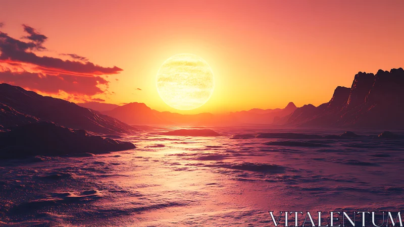 Molten horizon sun over alien frost-tide valley at dusk.