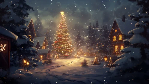 Snowy village square with glowing Christmas tree centerpiece.