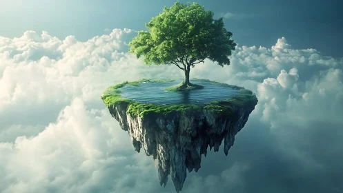 Floating landmass with mature tree and water pool.
