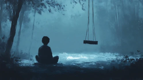 Moonlit child and empty swing in a hush-blue forest dusk.