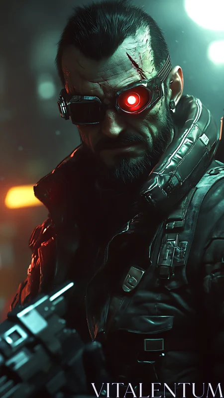 Cybernetic soldier with red optic implant in neon light.
