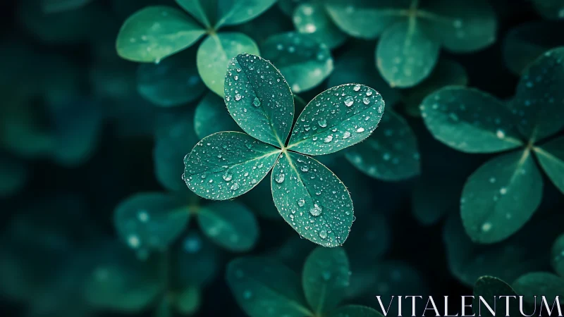 Macro view of clover leaves with water droplets after rain.