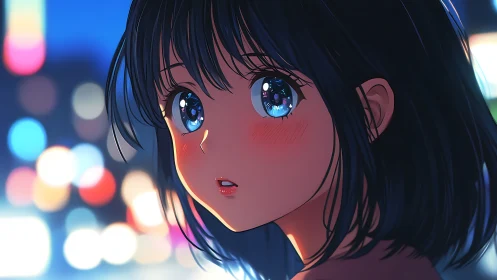 Neon city glow around wide eyed anime girl at dusk.