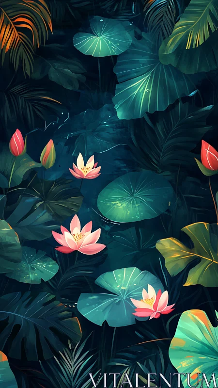 Digital lotus pond with lush tropical foliage at dusk.