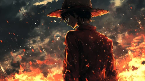 Backlit straw-hat figure in rain above inferno with dynamic rim light