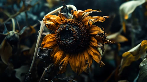 Withered sunflower head in low light among blurred foliage.
