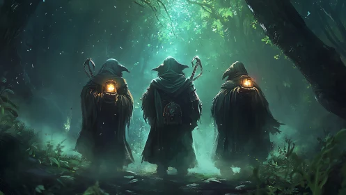 Hooded wanderers cross emerald forest under lantern glow.