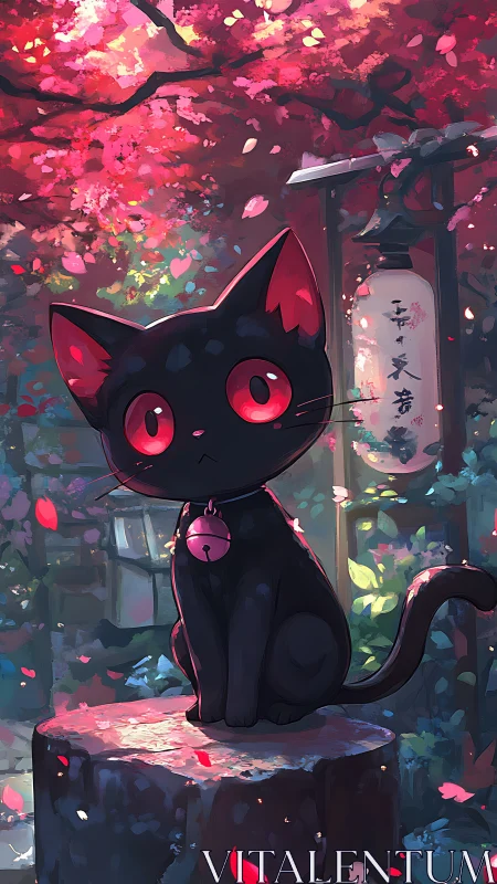 Black cat with bell sits under glowing cherry blossoms