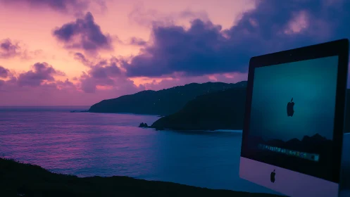 Desktop monitor against vivid coastal sunset seascape.