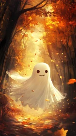Cartoon ghost figure in illuminated autumn forest scene.