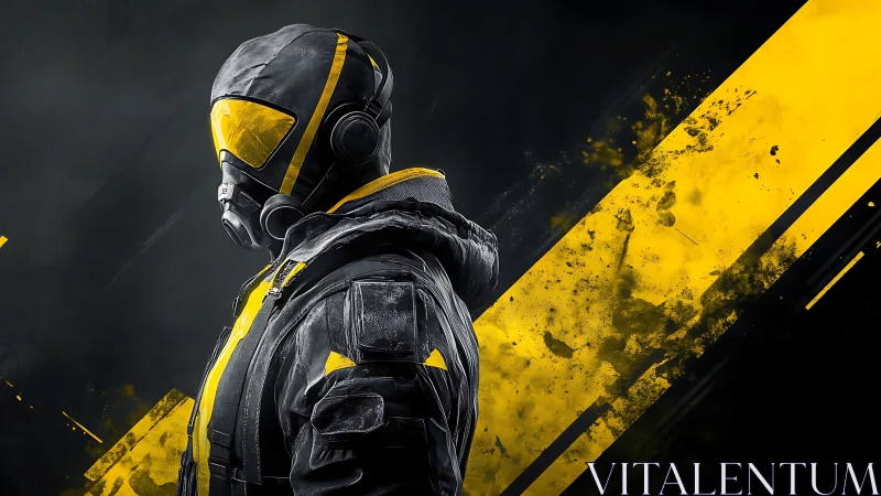 Urban neon ranger in yellow hazard suit against streaked sky.