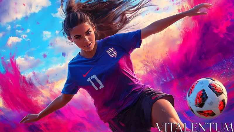 Female soccer player kicking ball amid vivid color clouds.