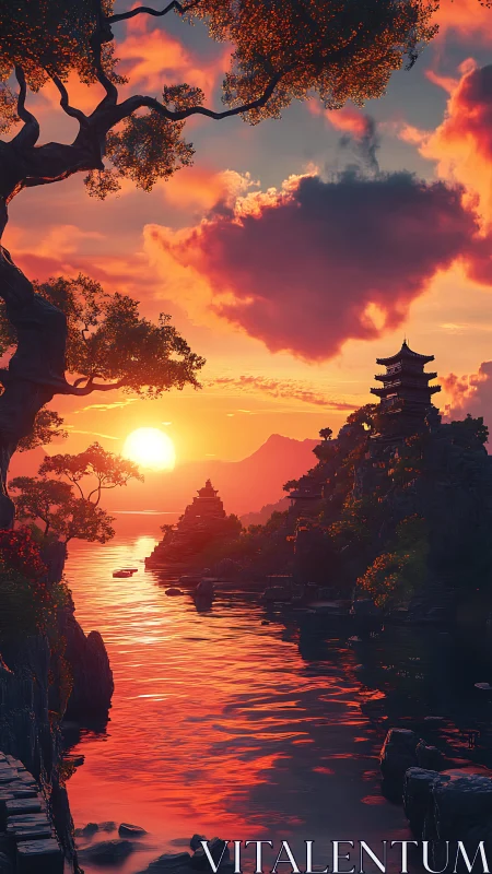 River inlet at sunset with pagodas and tree silhouettes.