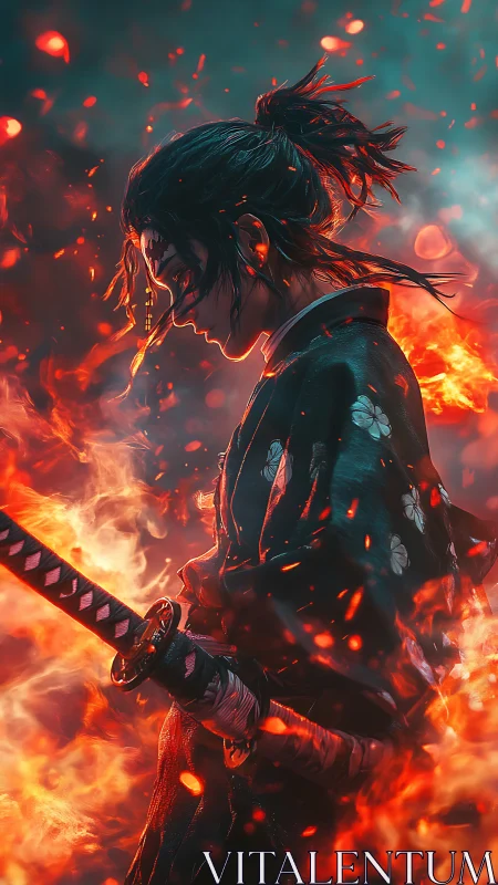 Ember‑crowned samurai poised in a storm of rising fire.