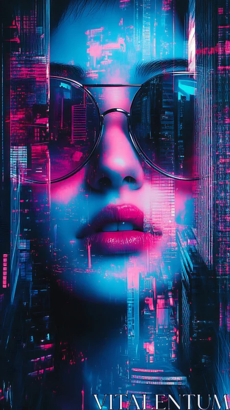 Female face with mirrored cityscape overlay in neon tones