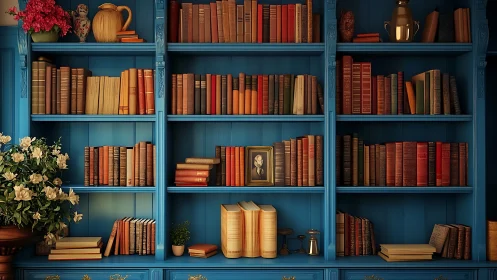 Vintage library shelves fill ornate blue wall with warm books