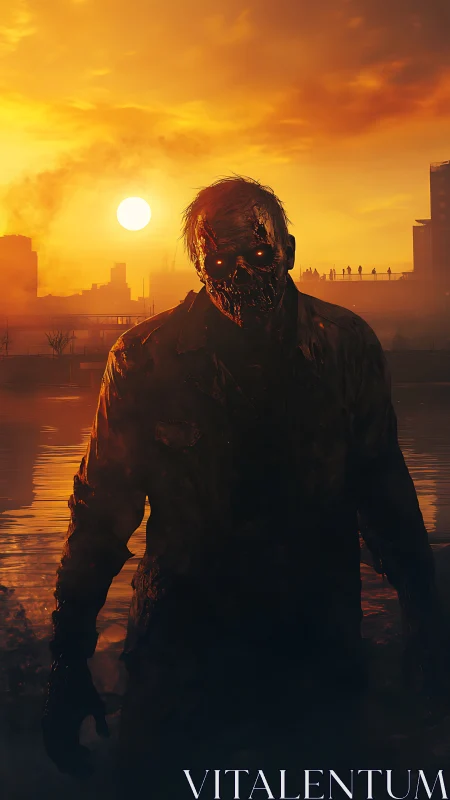 Sunset stalker rising from the flooded city streets.