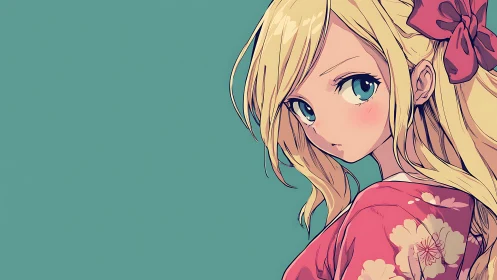 Blonde anime girl in floral kimono against teal backdrop.