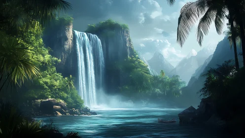 Tropical Waterfall Valley: Cascading Mist Through Palm Canyons.
