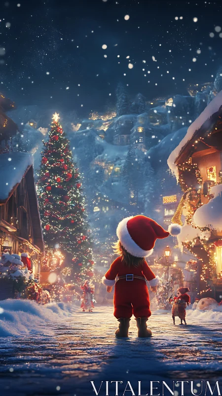 Tiny Santa wanders a storybook village of snowlit wishes.