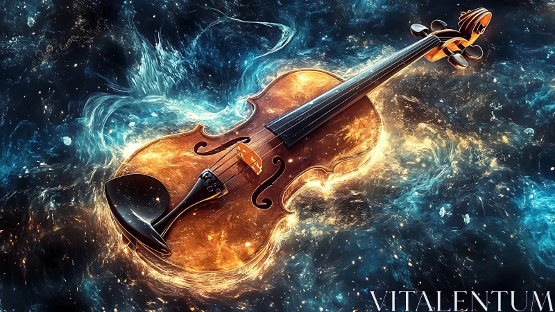 Violin floating in glowing abstract blue and orange space.