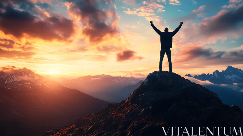 Backlit summit silhouette under volumetric sunrise skyfield.