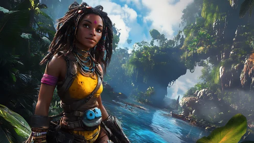 Jungle explorer girl beside vivid tropical river gorge.