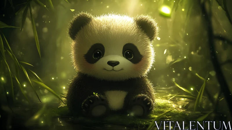 3D stylized baby panda in luminous forest clearing composition.