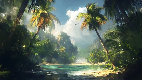 Tropical Canyon River with Limestone Formations and Palm Vegetation