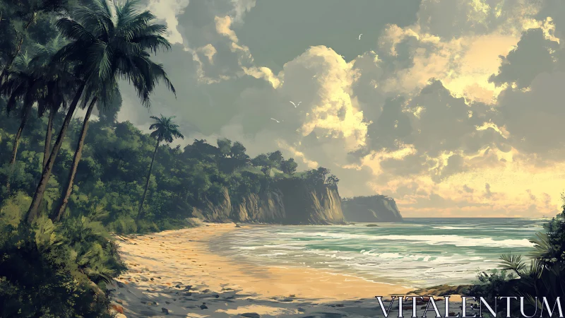 Tropical coastal scene with dramatic clouds and sandy beach