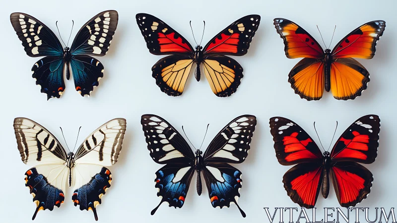 Colorful butterfly specimens aligned on clean white surface