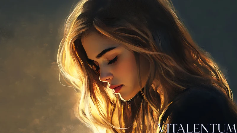 Side-lit contemplative woman in warm golden rim lighting study