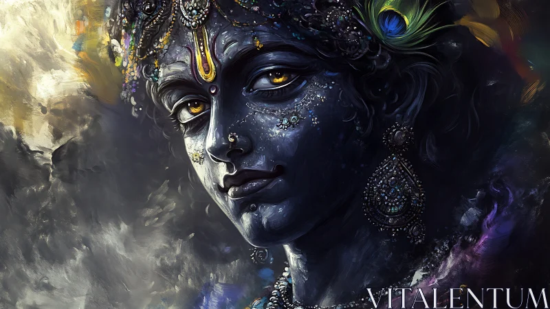 Divine blue-faced deity rendered in luminous digital chiaroscuro