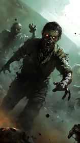 Glowing eyed zombie horde advancing through toxic green fog