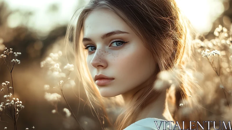 Freckled young woman in golden backlit meadow portrait.