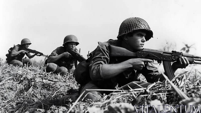 Infantry soldiers advance forward while aiming rifles