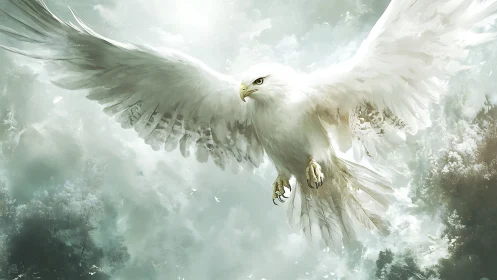 Majestic White Eagle Soaring Over Misty Forest in Fantasy Art Style.