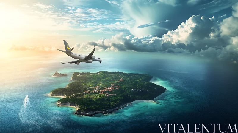 Commercial Airliner Banking Over Tropical Island Archipelago Seascape.